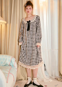 Moonlit Vintage Check Lace Pajama Dress Nightwear