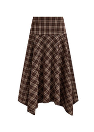 Autumn Waltz Asymmetric Brown Plaid Midi Skirt