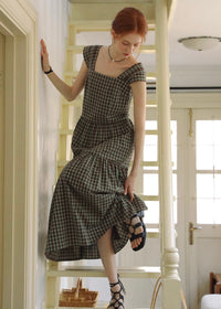 Mellow Check Tiered Dress | Vintage Green Gingham Sleeveless Long Dress