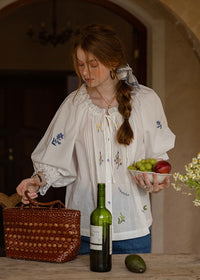 Meadow Poem Embroidered Blouse | Romantic Cotton Round Neck Shirt(2COLOR)