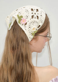 Daisy Crochet Hair Scarf Vintage Floral Ivory Head Wrap