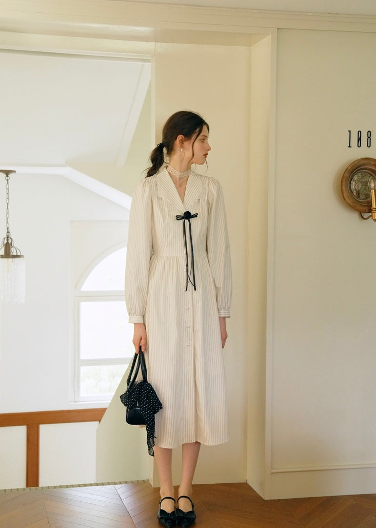 Vintage Cream beige Striped Velour Ribbon Collar Dress