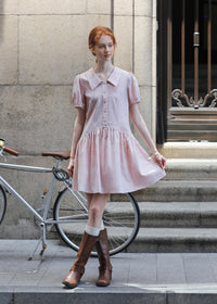 Rosecloud Button Soft Pink Puff Sleeve Mini Dress