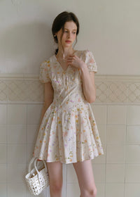 Blossom Ribbon Floral Puff Sleeve Mini Dress