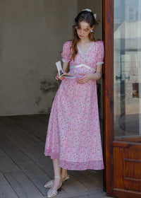 Strawberry Picnic Pink Gingham Floral Lace Dress
