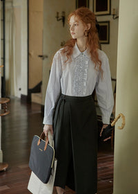 Silent Elegance Ruffle Classic Stripe Long Sleeve Blouse