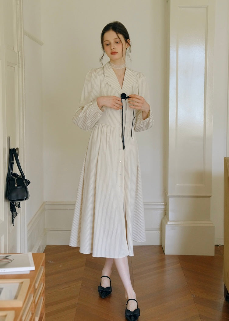 Vintage Cream beige Striped Velour Ribbon Collar Dress