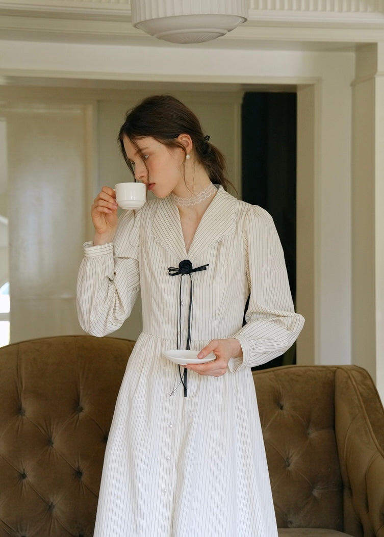 Vintage Cream beige Striped Velour Ribbon Collar Dress