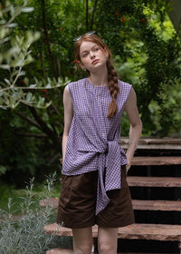 Lavender Knot Gingham Sleeveless Wrap Blouse