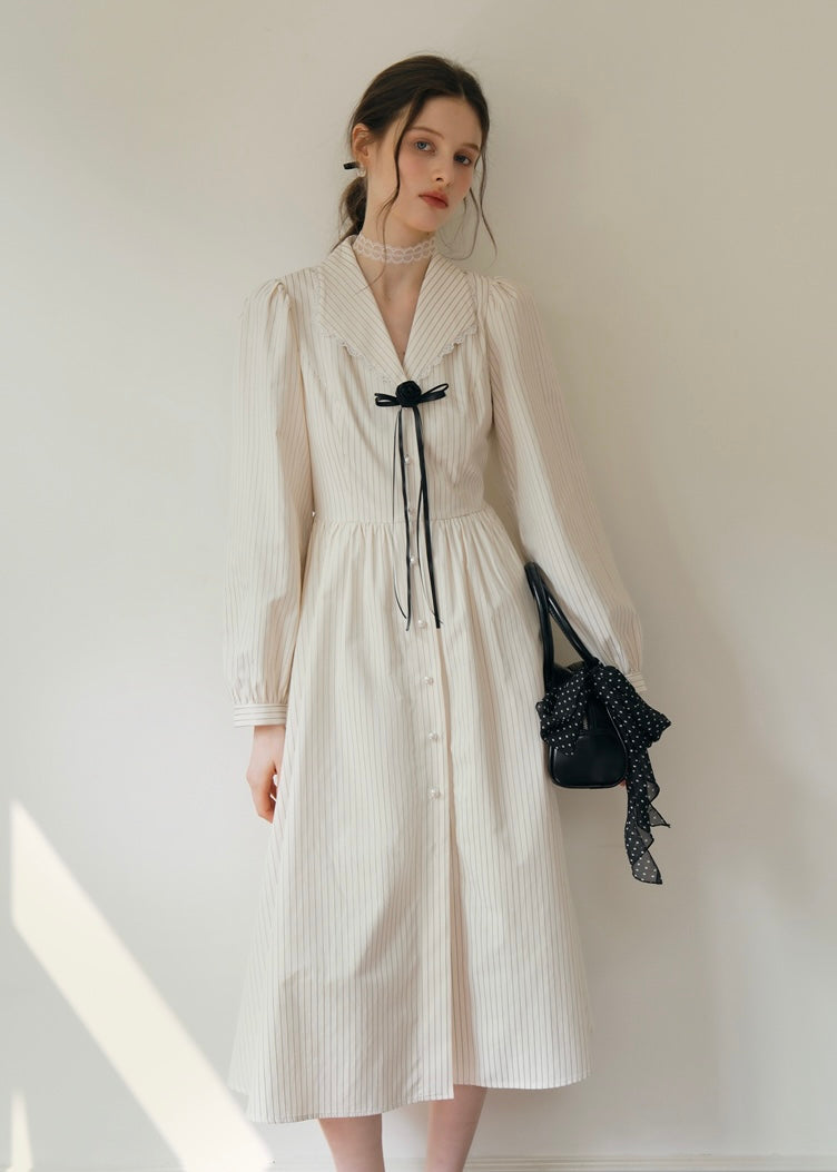 Vintage Cream beige Striped Velour Ribbon Collar Dress