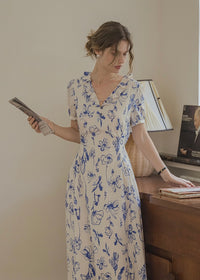 Margaux Quiet Library Dress | Romantic Vintage V-Neck Dress(2COLOR)