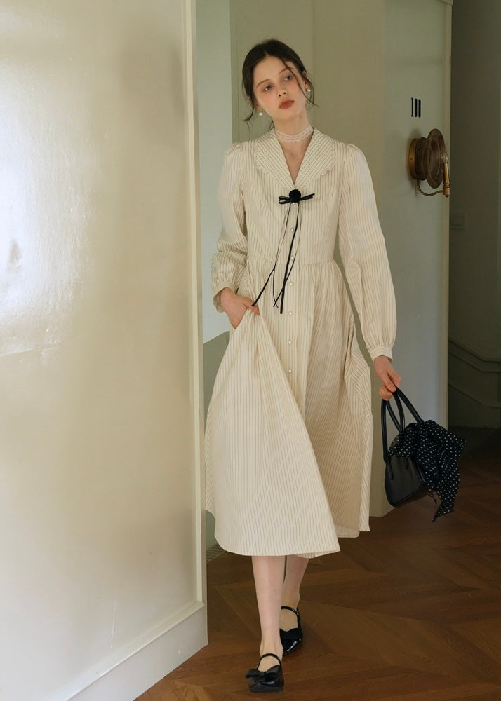 Vintage Cream beige Striped Velour Ribbon Collar Dress
