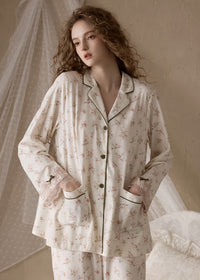 Rose Lace Trim Cream Beige Vintage Pajama Set Nightwear