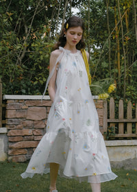 Field Whispers White Embroidered Halter Neck Dress