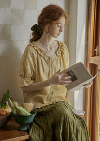 Amber Ruffle Bloom Blouse | Vintage Yellow Embroidered Top