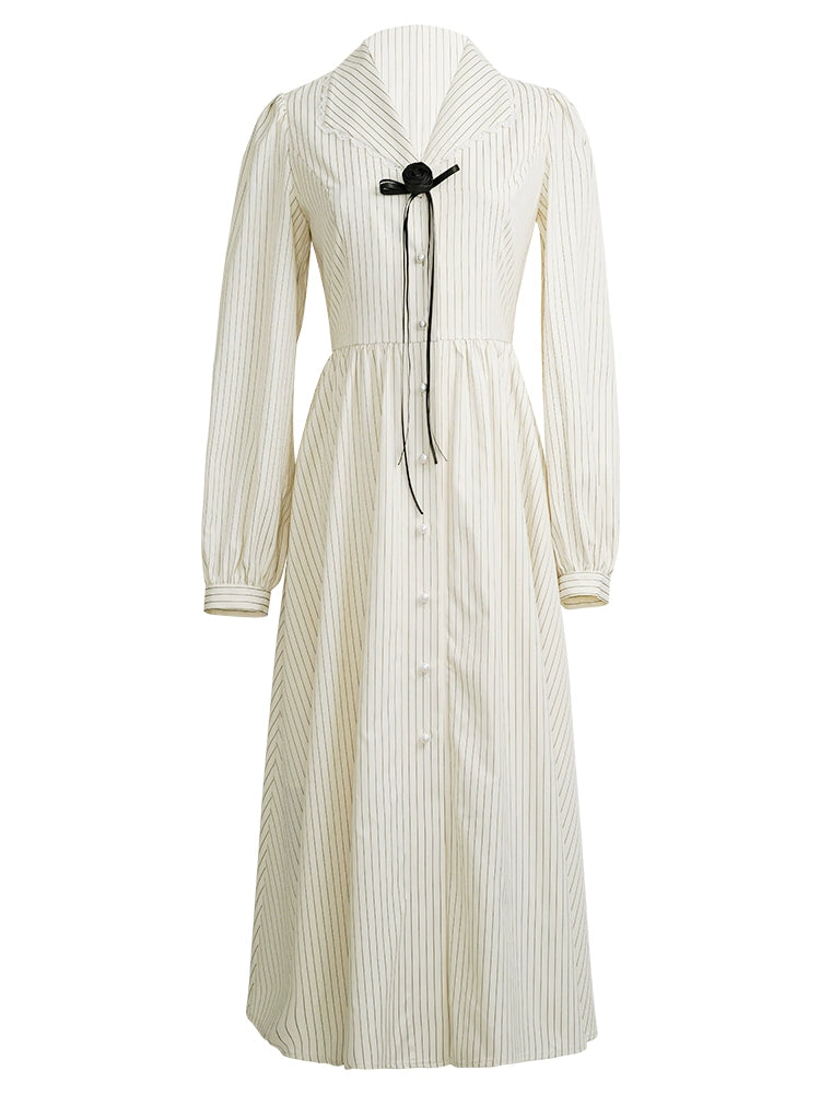 Vintage Cream beige Striped Velour Ribbon Collar Dress