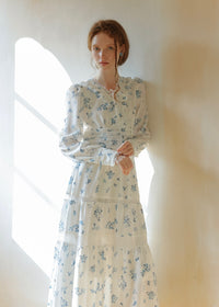 Blue Garden Vintage Floral Long Sleeve Dress
