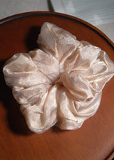 Velvet Dusk Organza Hair Scrunchie Peach Beige Voluminous Bun Tie