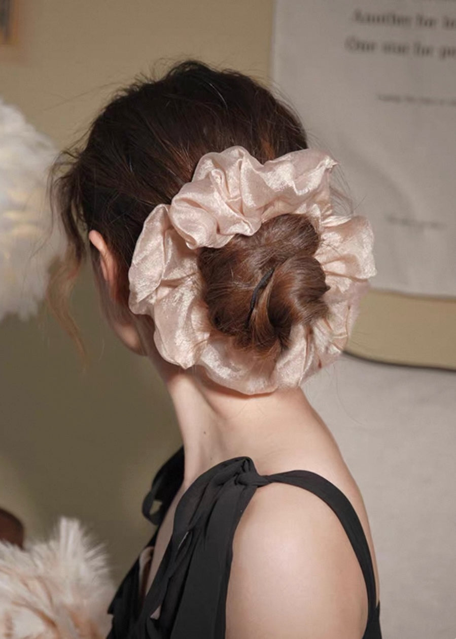 Velvet Dusk Organza Hair Scrunchie Peach Beige Voluminous Bun Tie