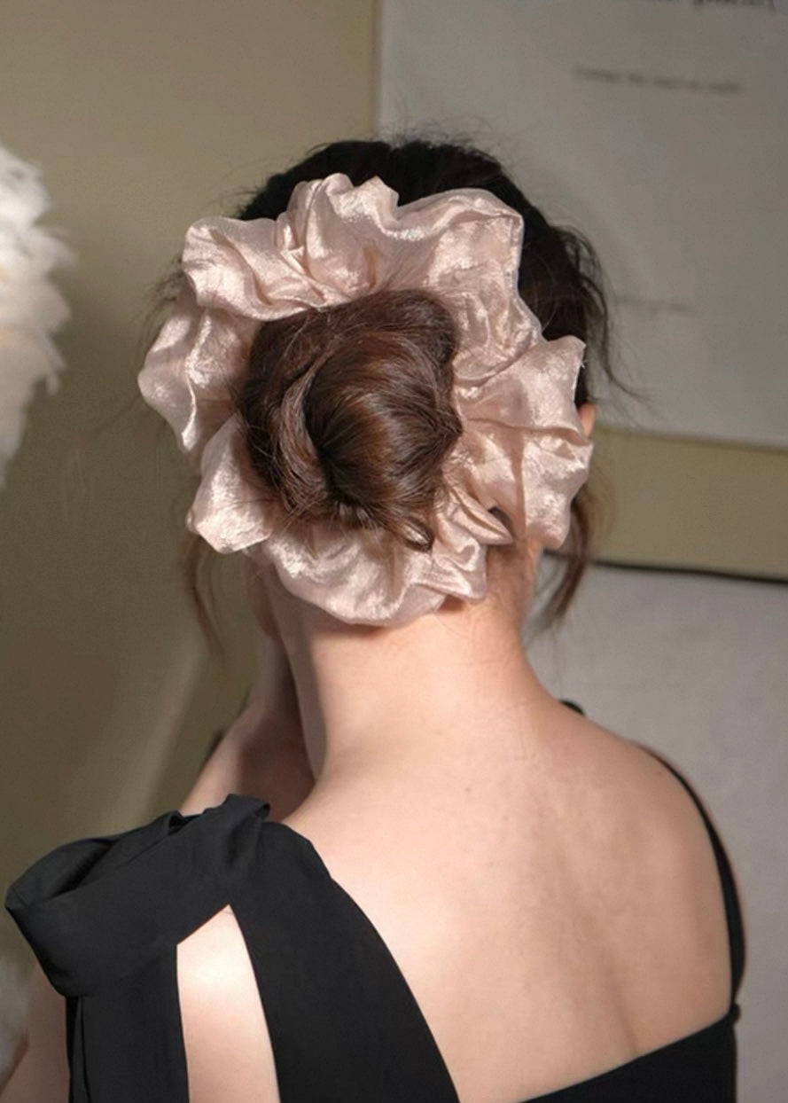 Velvet Dusk Organza Hair Scrunchie Peach Beige Voluminous Bun Tie