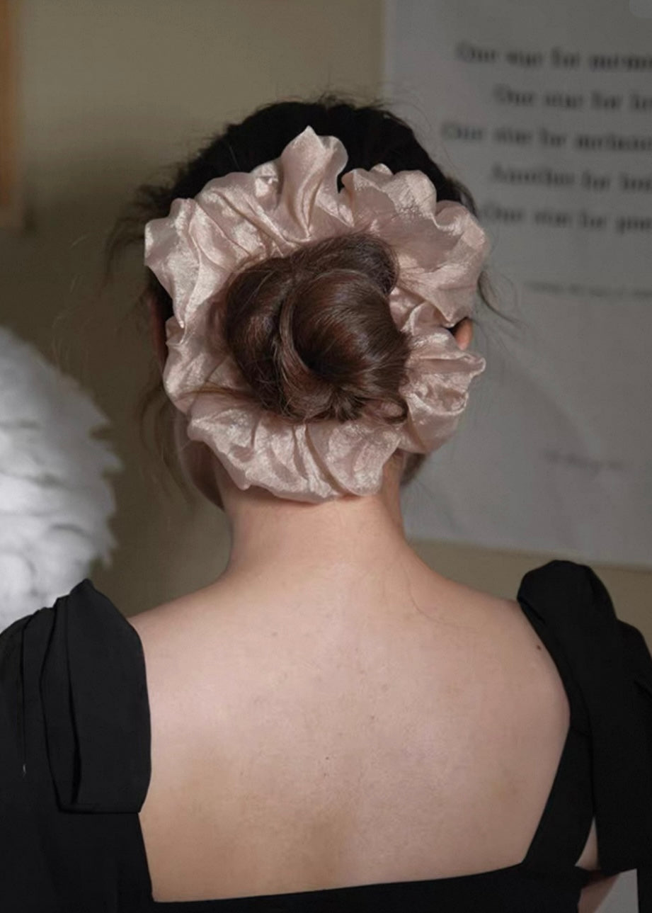 Velvet Dusk Organza Hair Scrunchie Peach Beige Voluminous Bun Tie
