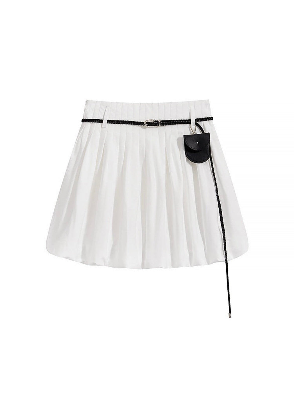 Belted Pleated Mini Skirt with Pouch(2COLOR)
