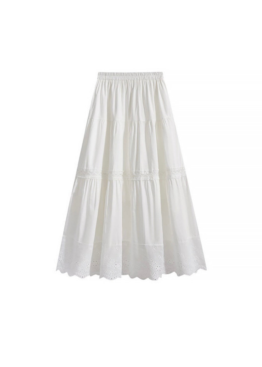 Ivory Tiered Lace Cotton Long Skirt