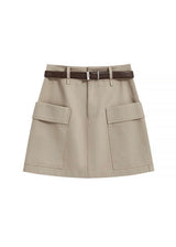 Beige Belted Cargo Pocket Mini Skirt