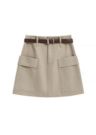 Beige Belted Cargo Pocket Mini Skirt