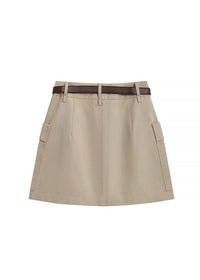 Beige Belted Cargo Pocket Mini Skirt