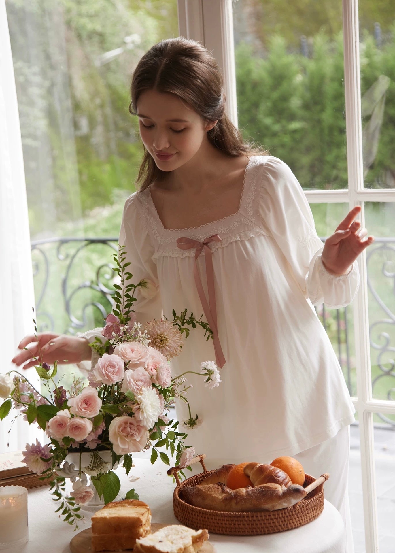 Lace & Ribbon Long Sleeve Vintage Pajama Set