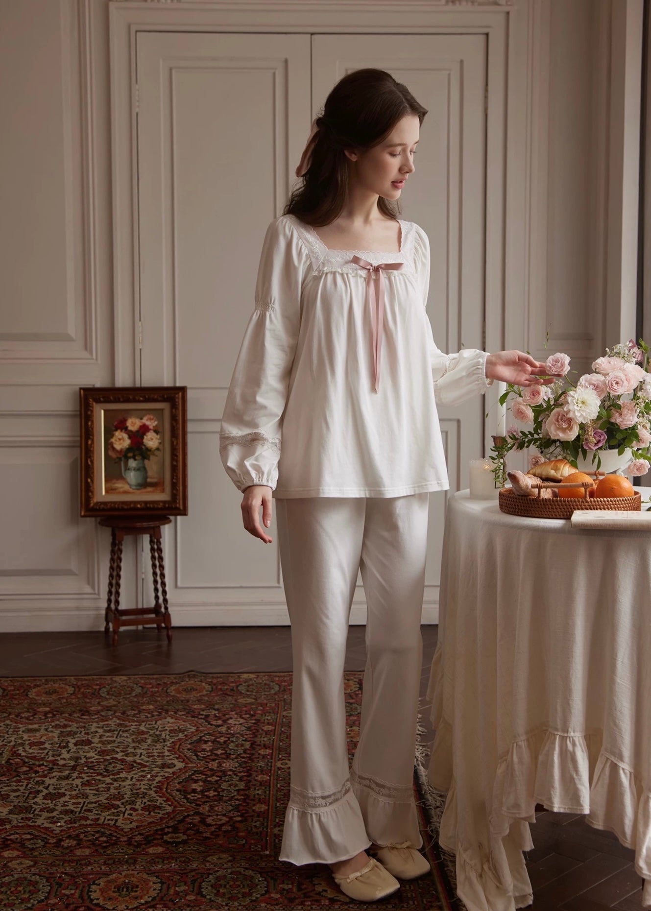 Lace & Ribbon Long Sleeve Vintage Pajama Set