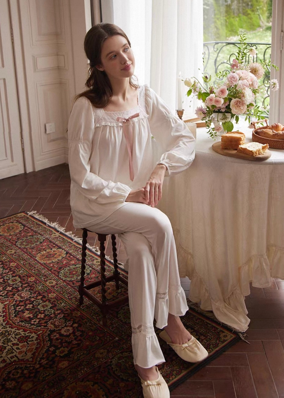 Lace & Ribbon Long Sleeve Vintage Pajama Set