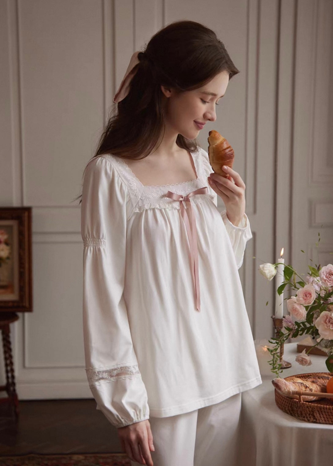 Lace & Ribbon Long Sleeve Vintage Pajama Set