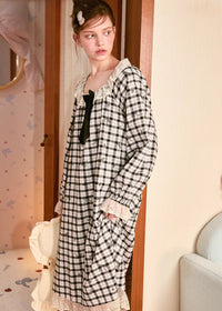 Moonlit Vintage Check Lace Pajama Dress Nightwear