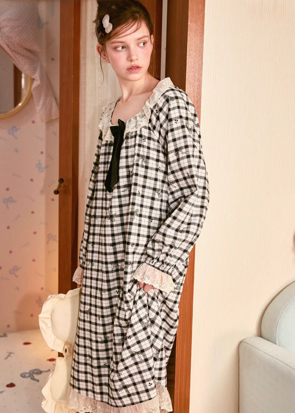 Moonlit Vintage Check Lace Pajama Dress Nightwear