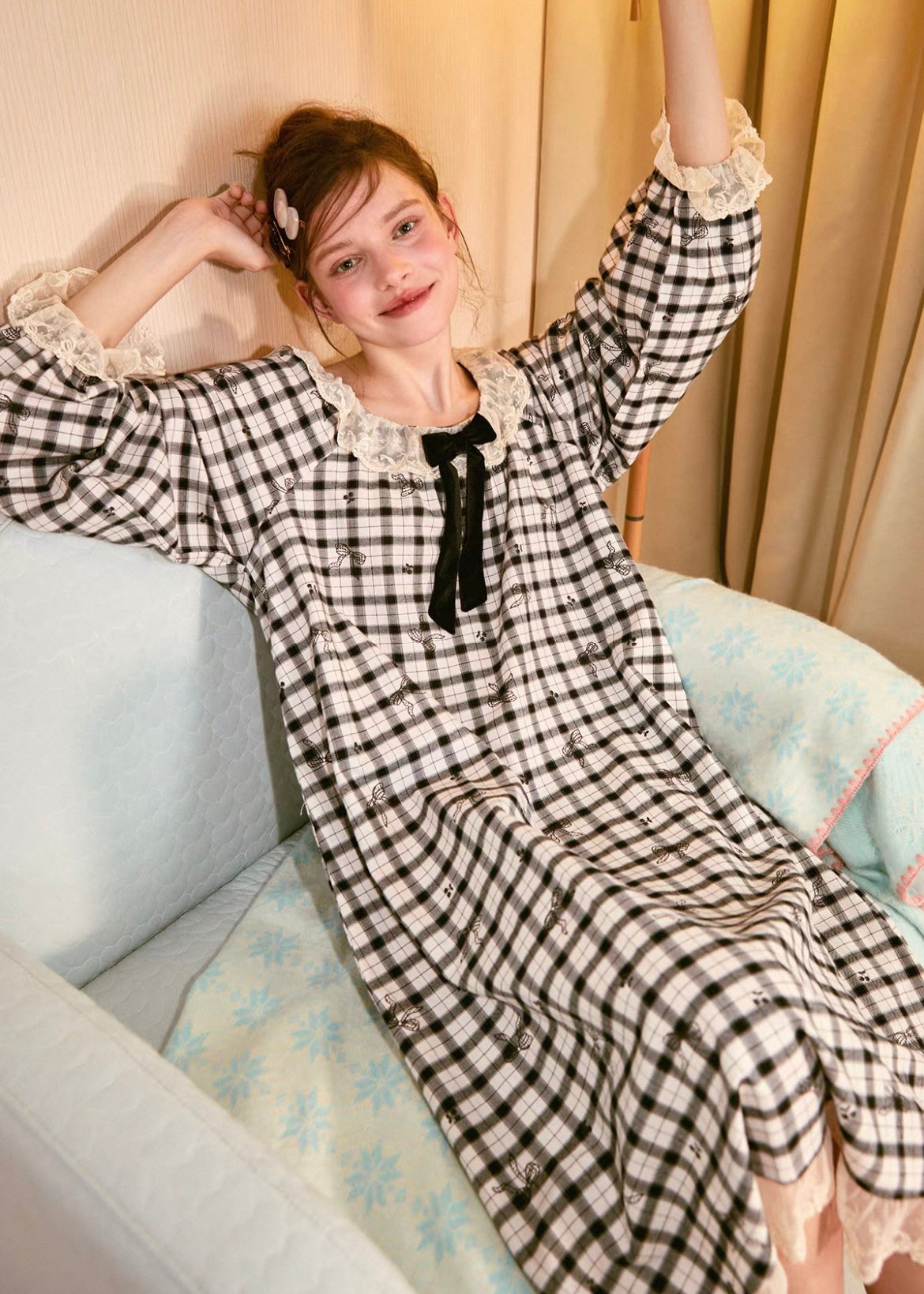 Moonlit Vintage Check Lace Pajama Dress Nightwear