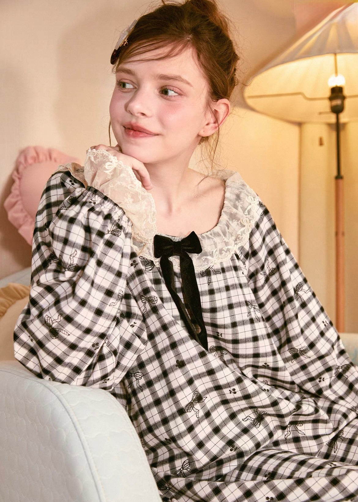 Moonlit Vintage Check Lace Pajama Dress Nightwear