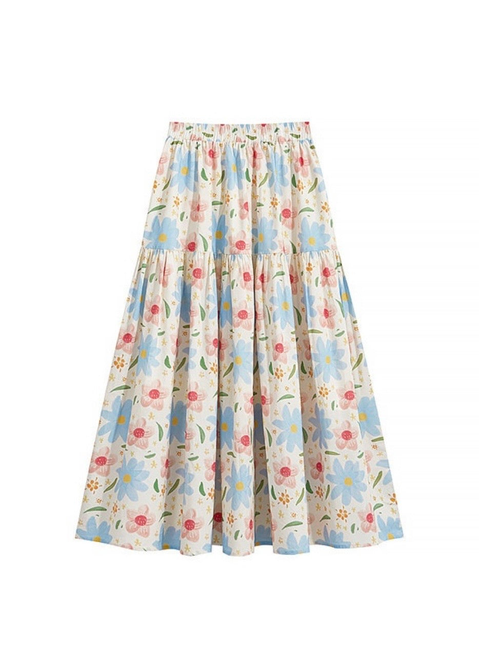 Floral Tiered Maxi Skirt Elastic Waist Vintage A-Line Long Skirt