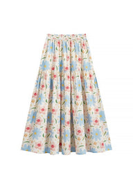 Floral Tiered Maxi Skirt Elastic Waist Vintage A-Line Long Skirt