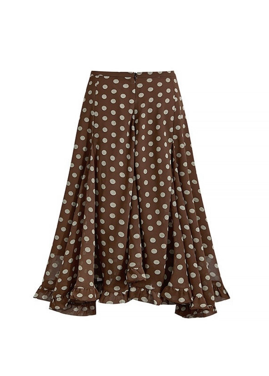 Cocoa Dot Flare Skirt Vintage Polka Dot Ruffle Hem A-Line Skirt