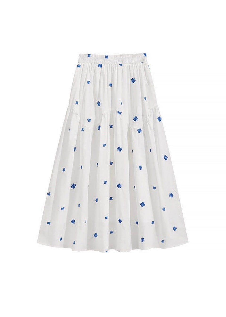 Blue Stitch Floral Tiered Skirt Elastic Waist Vintage A-Line Long Skirt