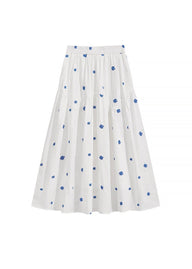 Blue Stitch Floral Tiered Skirt Elastic Waist Vintage A-Line Long Skirt