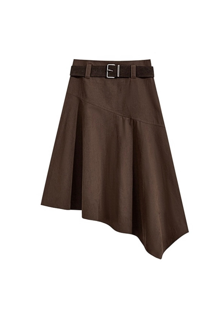 Retro Asymmetrical High-Waist Belted Midi Skirt(2COLOR)