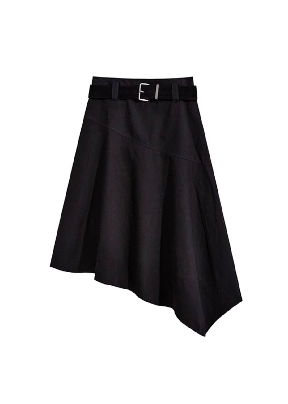 Retro Asymmetrical High-Waist Belted Midi Skirt(2COLOR)
