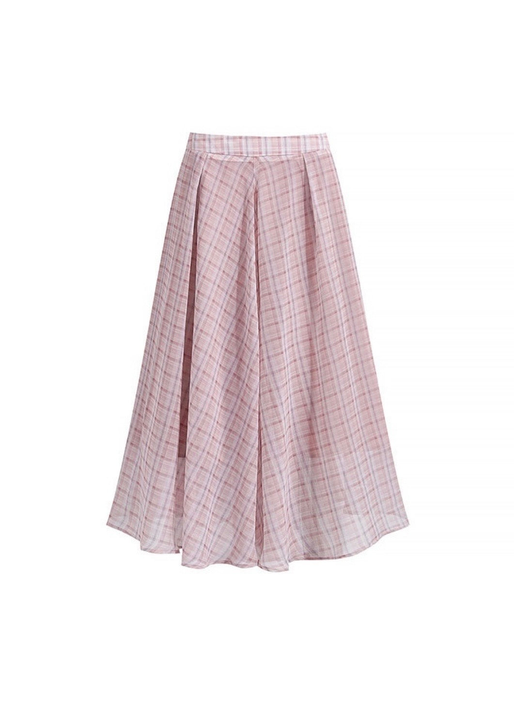Soft Pink Plaid High Waist Flare long Skirt