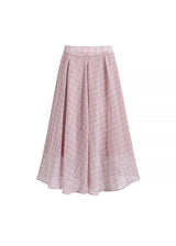 Soft Pink Plaid High Waist Flare long Skirt