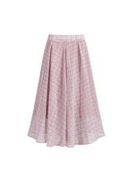 Soft Pink Plaid High Waist Flare long Skirt