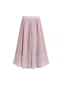 Soft Pink Plaid High Waist Flare long Skirt