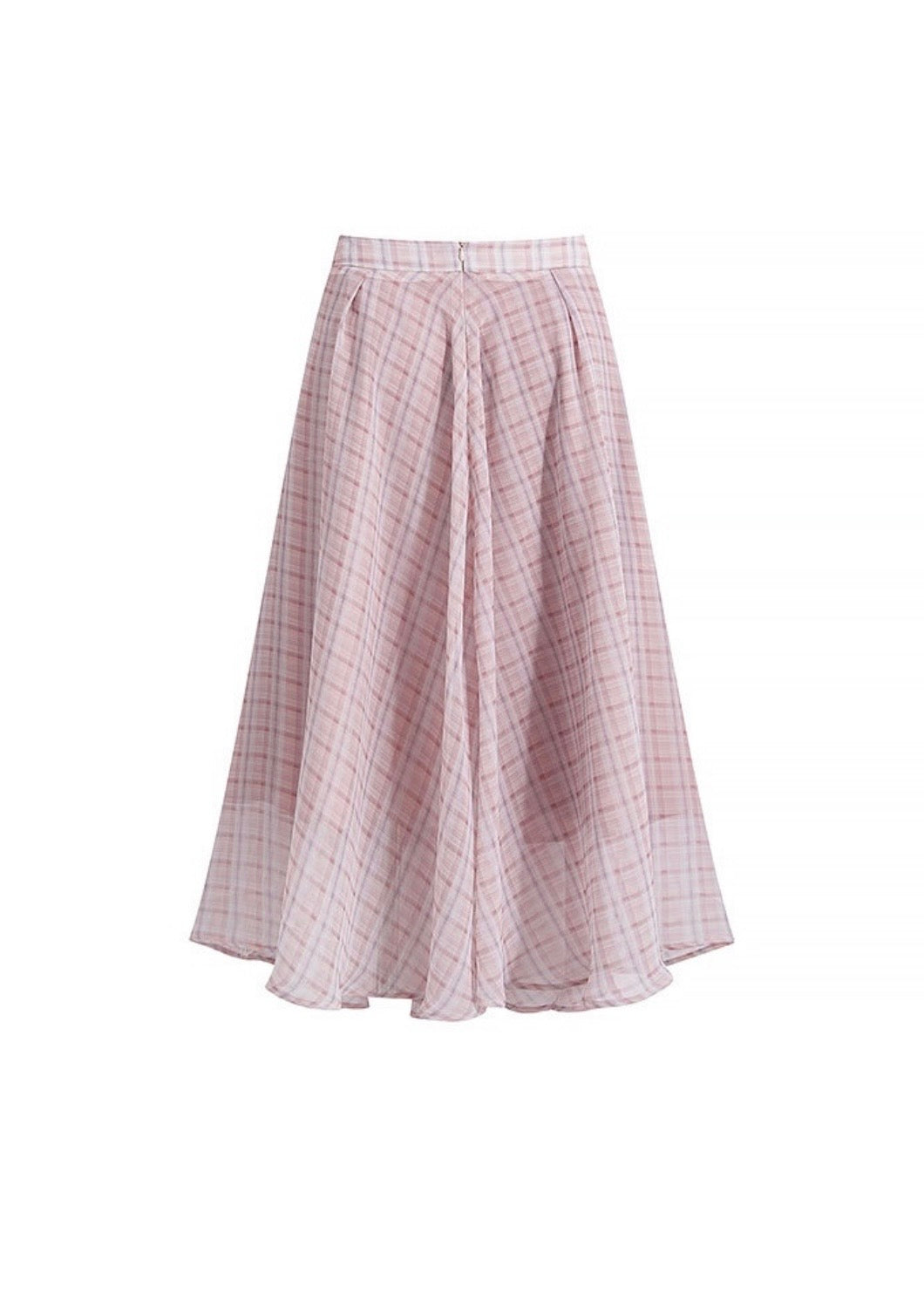 Soft Pink Plaid High Waist Flare long Skirt